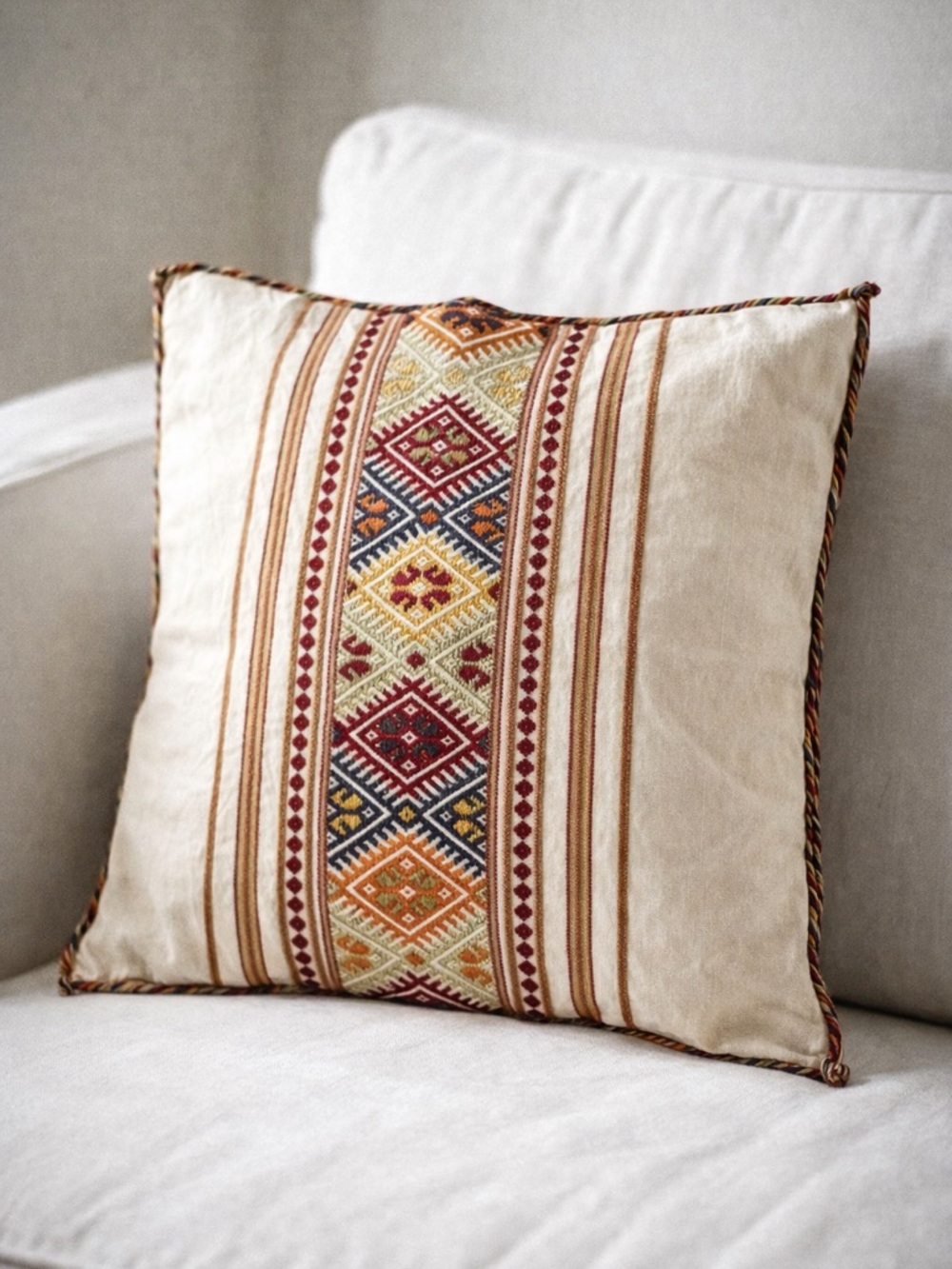 Vintage Greek Handmade Embroidered Pillow Cover Boho Textile